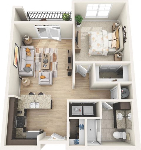 Floor plan for 1 bed, 1 bath, 748 sqft